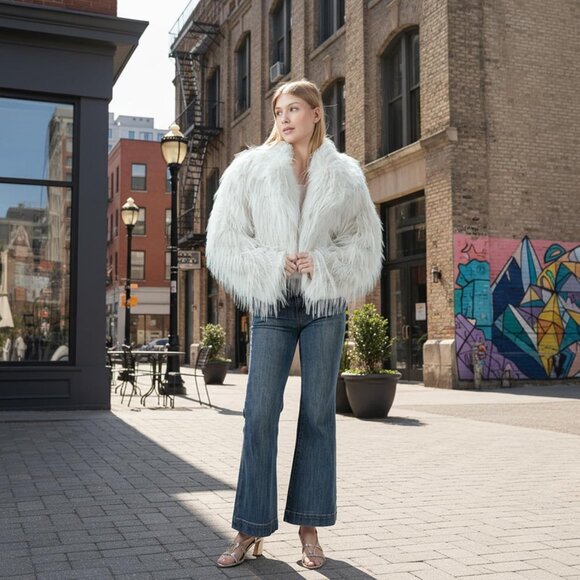 Women's Fur Coats Cropped Faux Fuzzy Warm Jacket Fluffy Fall Coat White Tassels - Picture 2 of 5